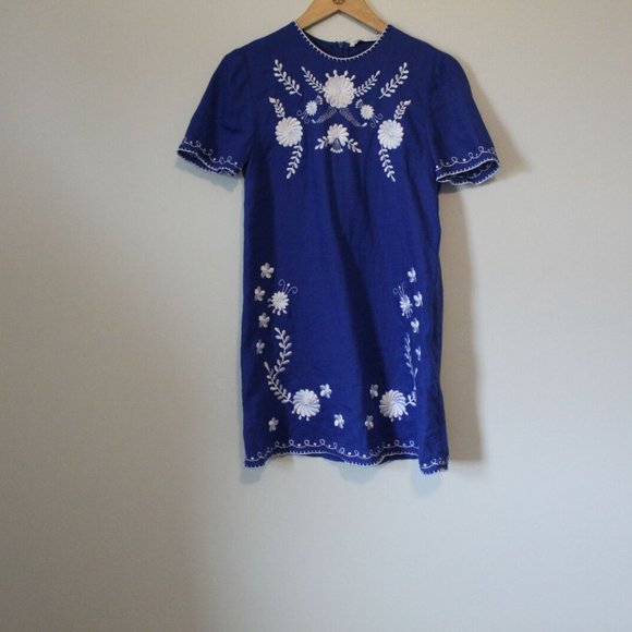 Zara Embroidered Floral Shift Linen Dress Blue White Women's Size Small H12693 - Picture 3 of 11